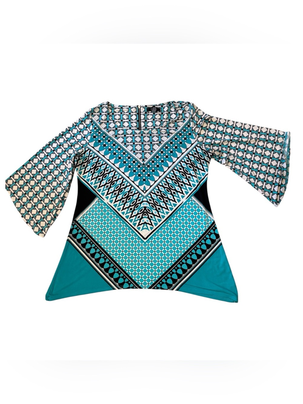 🧳Alfani Teal, Black & Cream Geometric V‑Neck Tunic